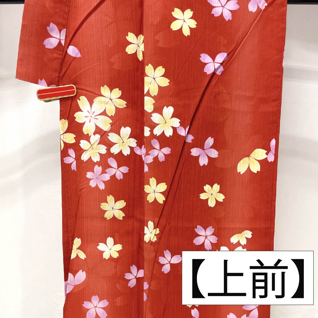 浴衣 木綿 身丈162cm 裄丈67.5cm Sランク 単衣 朱系 辰砂色(しんしゃいろ) 桜 1118006512416