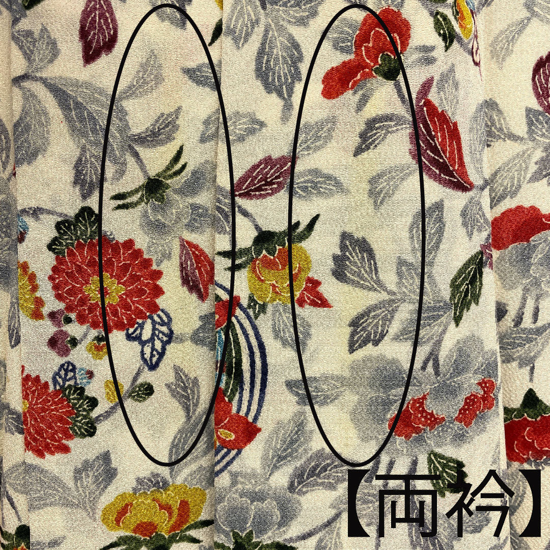 小紋 身丈164cm 裄丈67cm 袷 型染 菊 草花模様 正絹 Aランク 白系 1115001223311