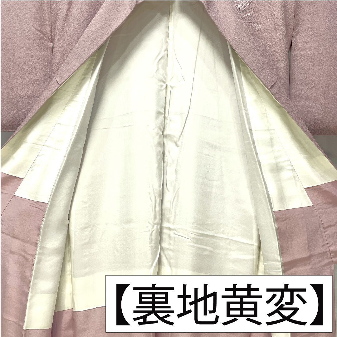 訪問着 正絹 袷 身丈149cm 裄丈62cm 薄藤色(うすふじいろ) 汕頭刺繡 蘇州刺繡 一つ紋 中陰五三桐 Sランク 紫系 1112005112120