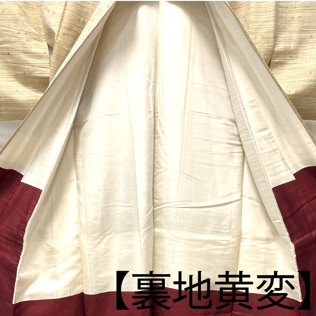 紬 身丈155cm 裄丈62cm 砥粉色 横段 花織 正絹 Aランク 袷 ベージュ系 1116002433325