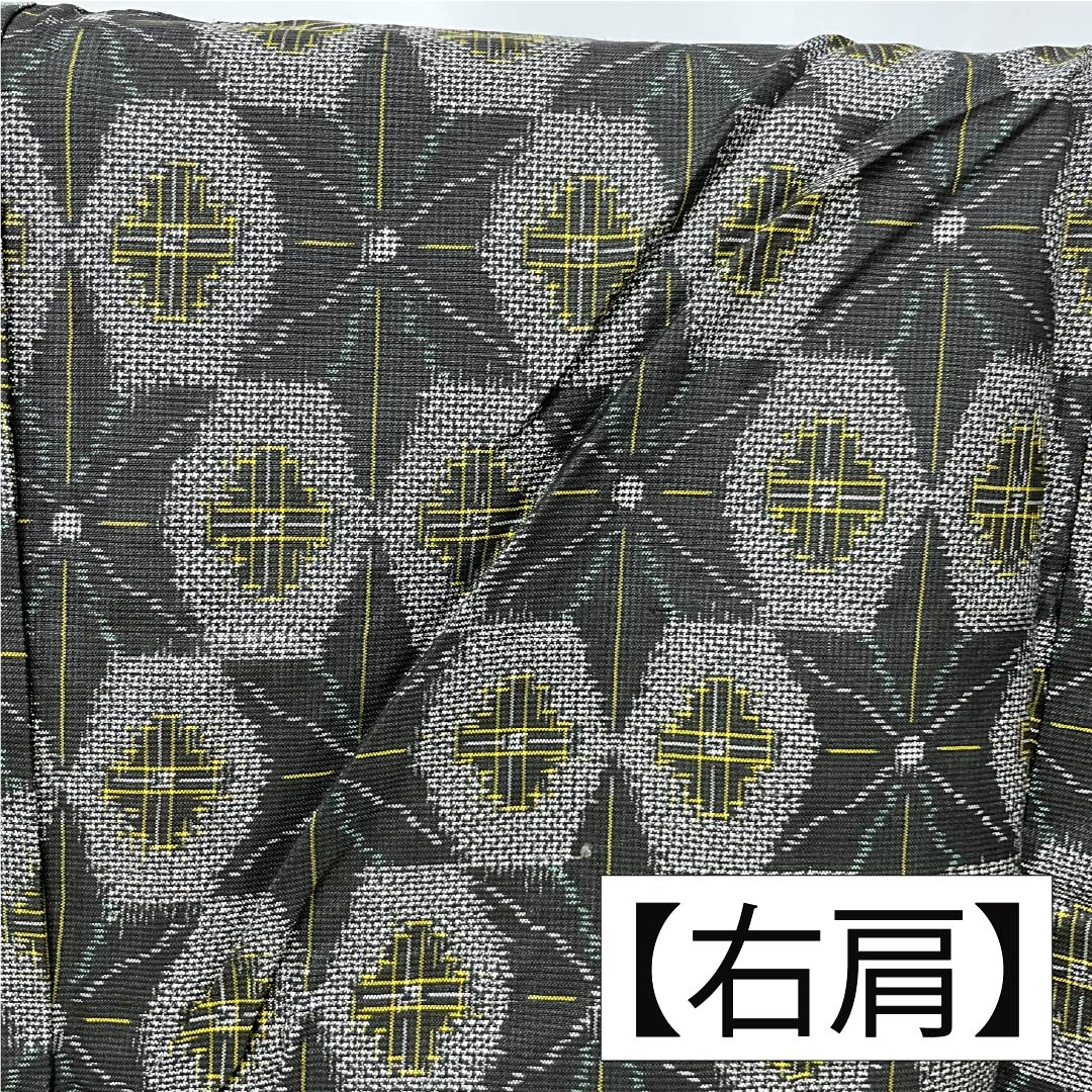 羽織 正絹 Aランク 身丈80.5cm 裄丈64cm 錆鉄色(さびてついろ) 村山大島 幾何学模様 羽織紐付き 袷 緑系 1117001373919