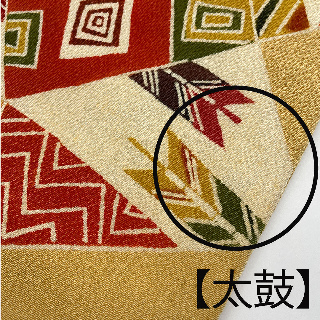 名古屋帯 京紅型 染め帯 縮緬 吉祥文様 帯丈360.5cm 正絹 Aランク ポイント柄 カジュアル 黄系 1124001983323 名古屋仕立て