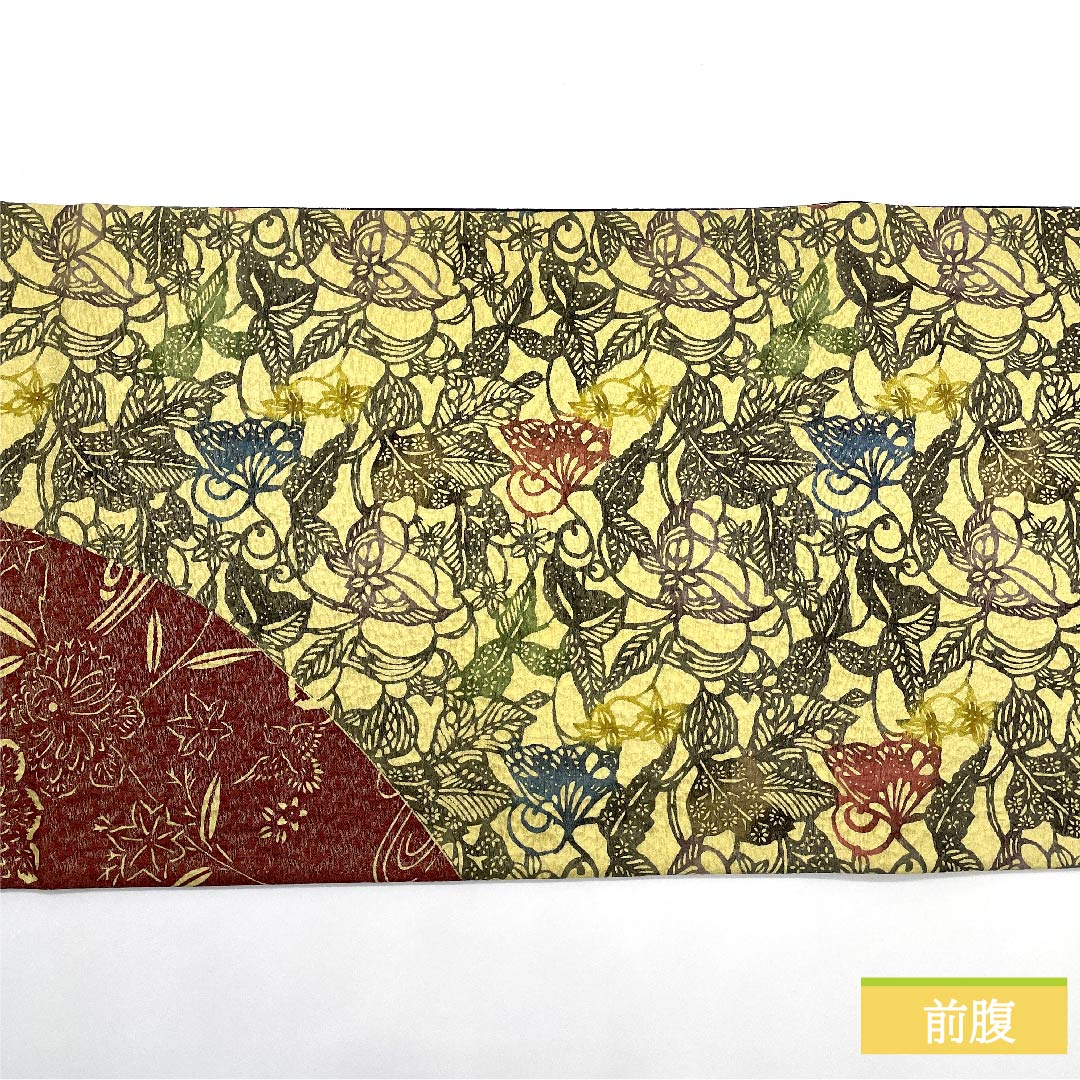 袋帯 淡黄色色(たんこうしょくいろ) 二図全通 リバーシブル 唐花 葡萄 帯丈464cm 正絹 Sランク 全通 カジュアル 黄系 1123011192423