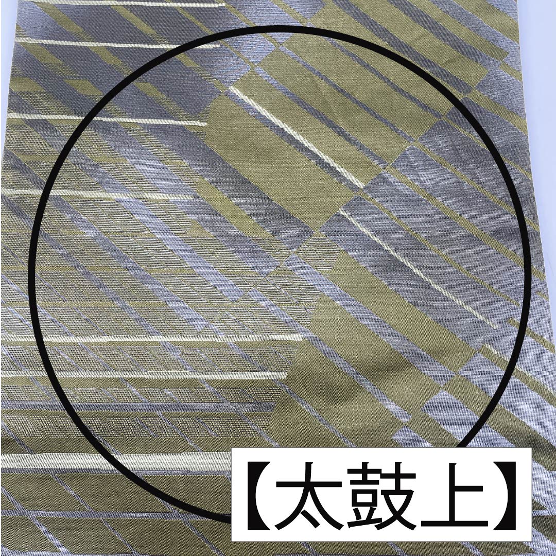 袋帯 正絹 麹塵色(きくじんいろ) 幾何学模様 帯丈432cm Sランク 六通 セミフォーマル 緑系 1123012242319