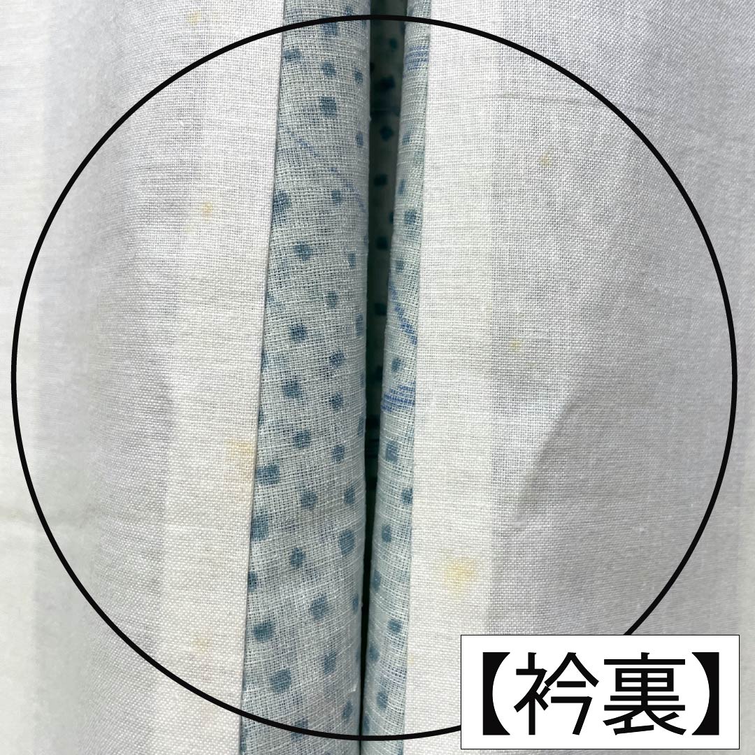 夏物 ポリエステル 紬 Aランク 身丈166.5cm 裄丈64cm 青白磁色(せいはくじいろ) 洗える着物 露芝 蝶 紗 水色系 1132007073524