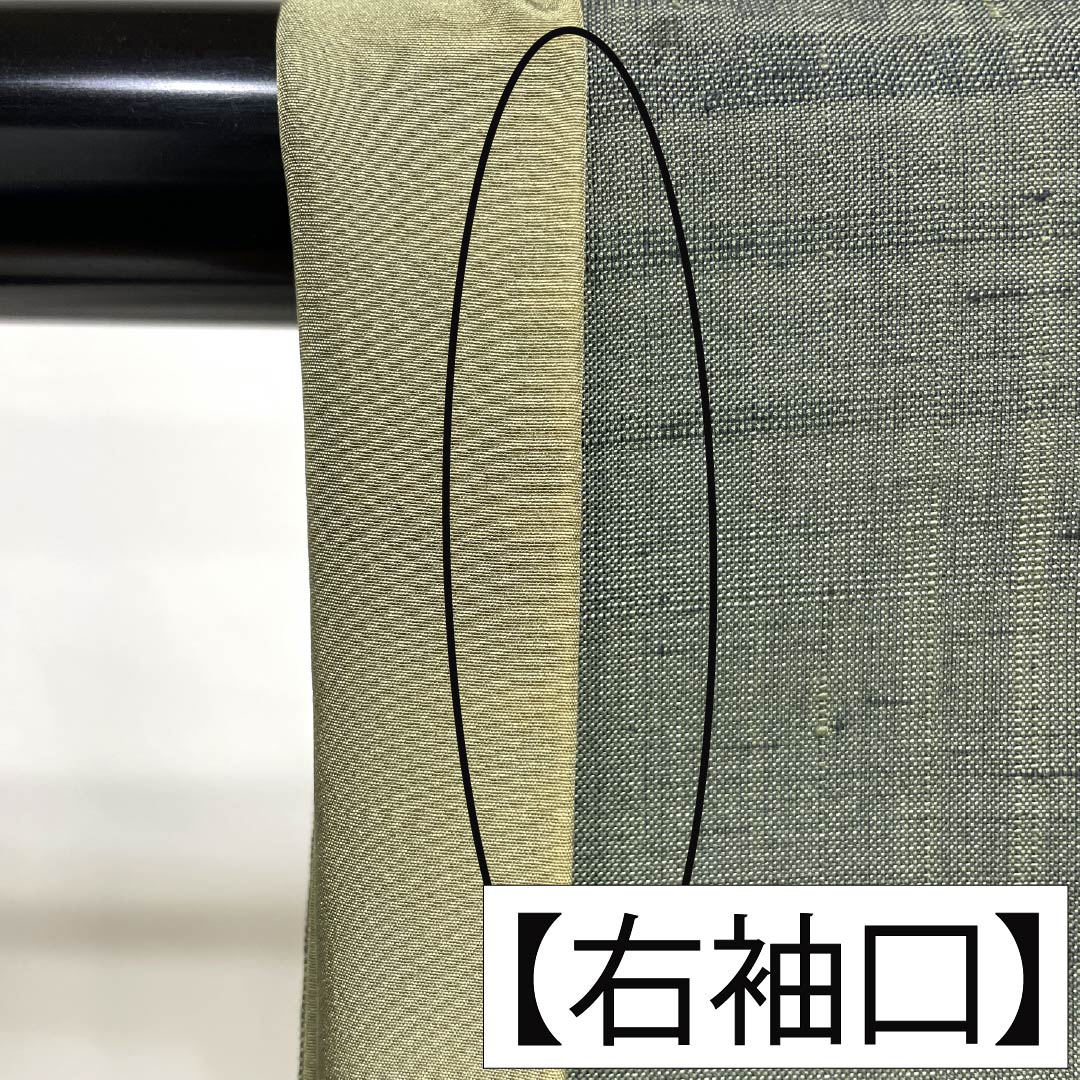 *Silk Houmongi, Rank A, fully lined. Height 156cm, YUKI 66cm. Iwaichairo (brownish green). Includes an attached collar. Scoop-woven tsumugi fabric. Artist-designed. Vegetable pattern. Green-toned. Item number 1112007803319.*