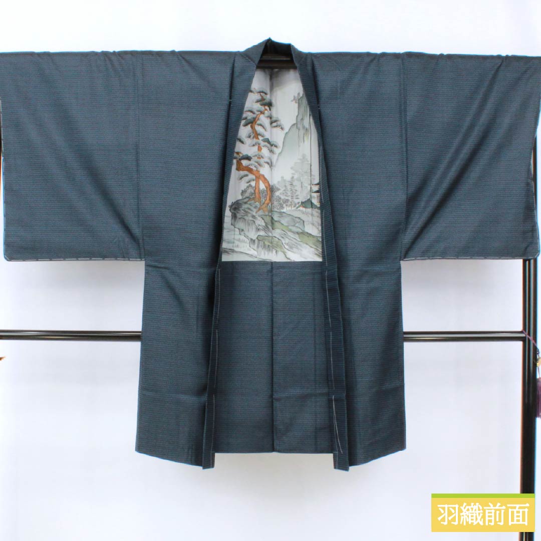 男物 正絹 Sランク 身丈141.5cm 裄丈67cm 濃紺色(のうこんいろ) 大島紬 100亀甲 アンサンブル 袷 紺系 1119001342418