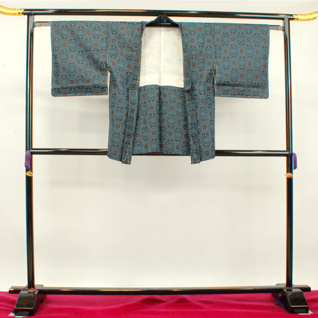 村山大島紬 身丈159.5cm 裄丈62.5cm アンサンブル 幾何学模様 正絹 Aランク 袷 紺系 1116002843318