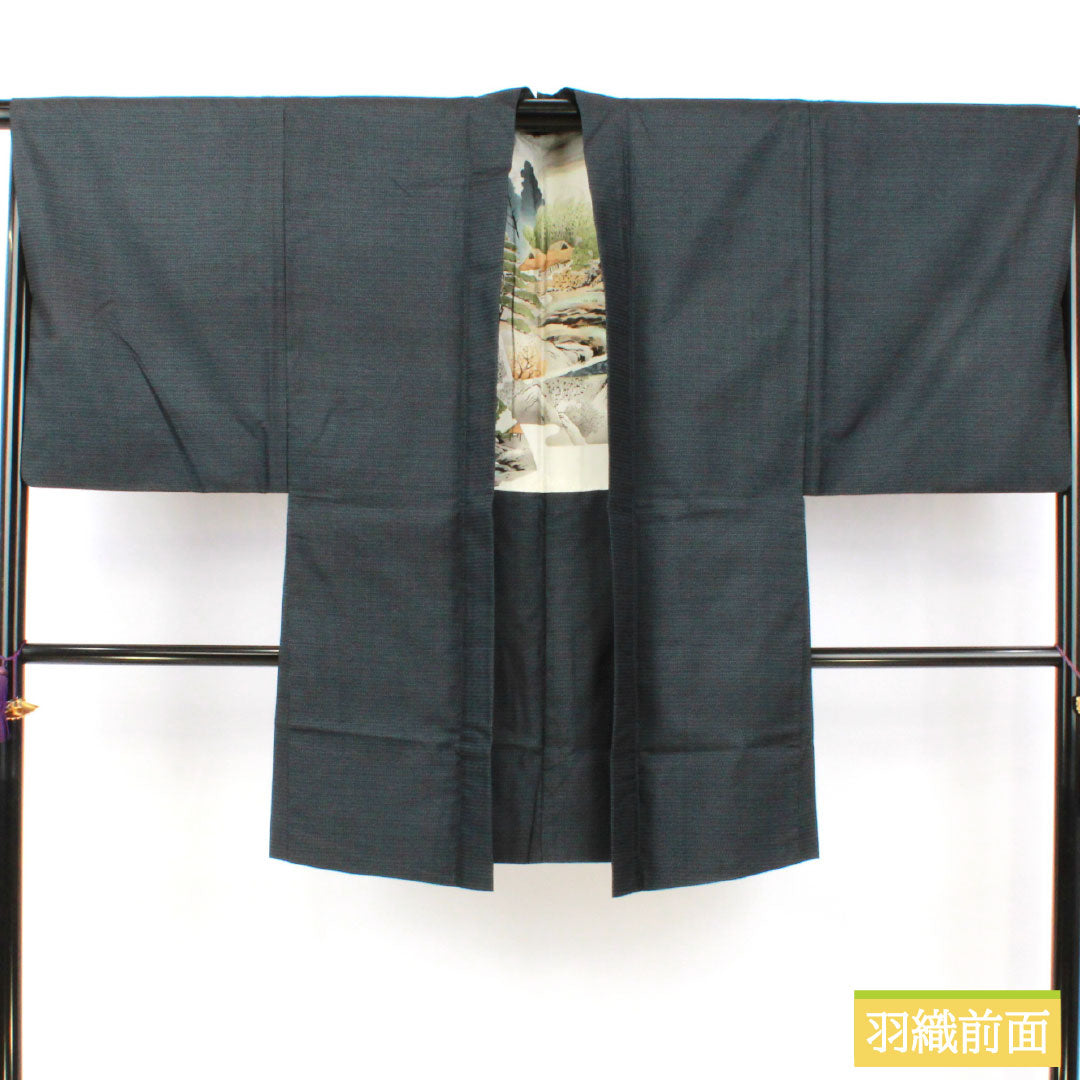 男物 正絹 Sランク 身丈139cm 裄丈66.5cm 大島紬 100亀甲 袷 紺系 1119001752318