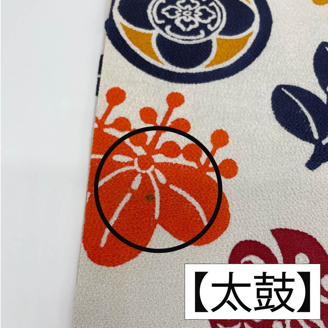 名古屋帯 胡粉色(ごふんいろ) 型染 ちりめん地 丸に紋 帯丈354cm 正絹 Aランク ポイント柄 カジュアル クリーム系 1124008163315 名古屋仕立て