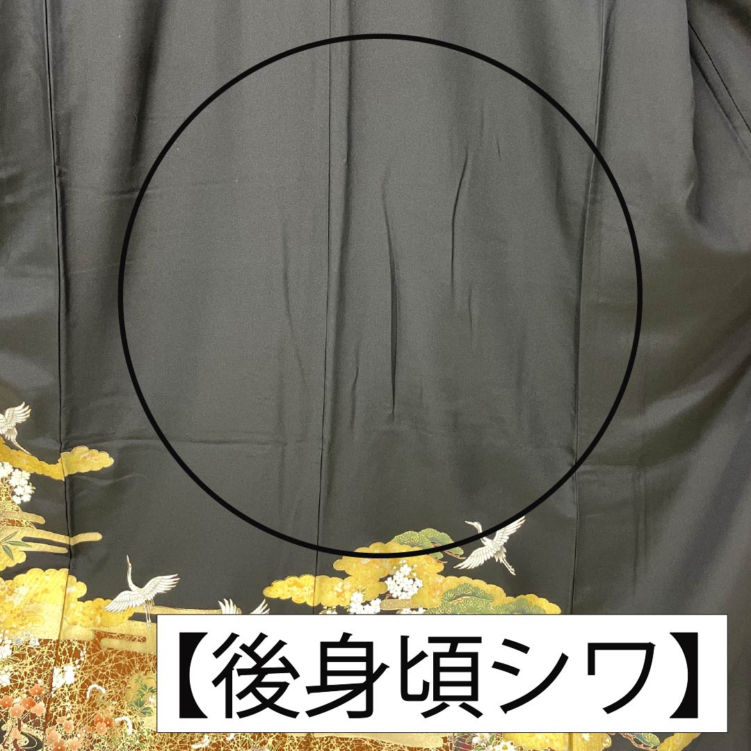 Black Tomesode (Japanese Kimono) - Pure Silk, Grade A, Length 160.5cm, Sleeve Length 65cm, Lined, Kyoto Yuzen, Five Crests, Plum Blossom, Story Design, Crane, Shell Bucket, Pine Tree, Black, Item Number: 1111002083410