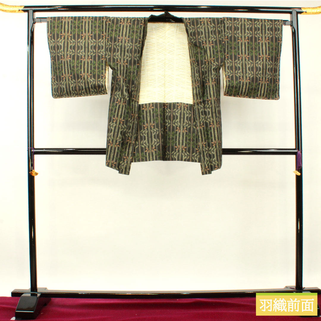 村山大島 正絹 身丈162.5cm 裄丈65.5cm アンサンブル 竹模様 しつけ糸付き 未使用品 Sランク 袷 黒系 1116003252410