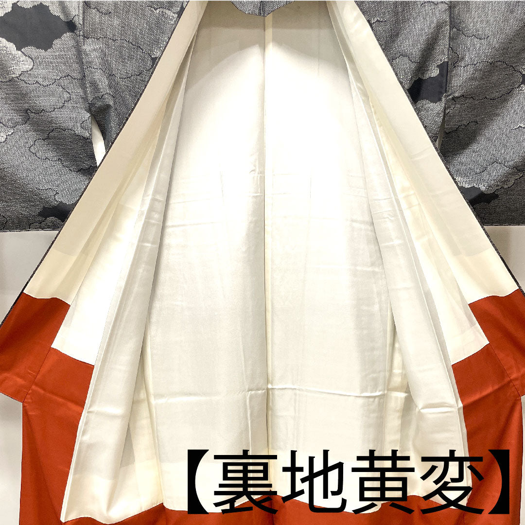 大島紬 身丈164.5cm 裄丈64.5cm 経緯絣 雲取り 正絹 Aランク 袷 黒系 1116002653410