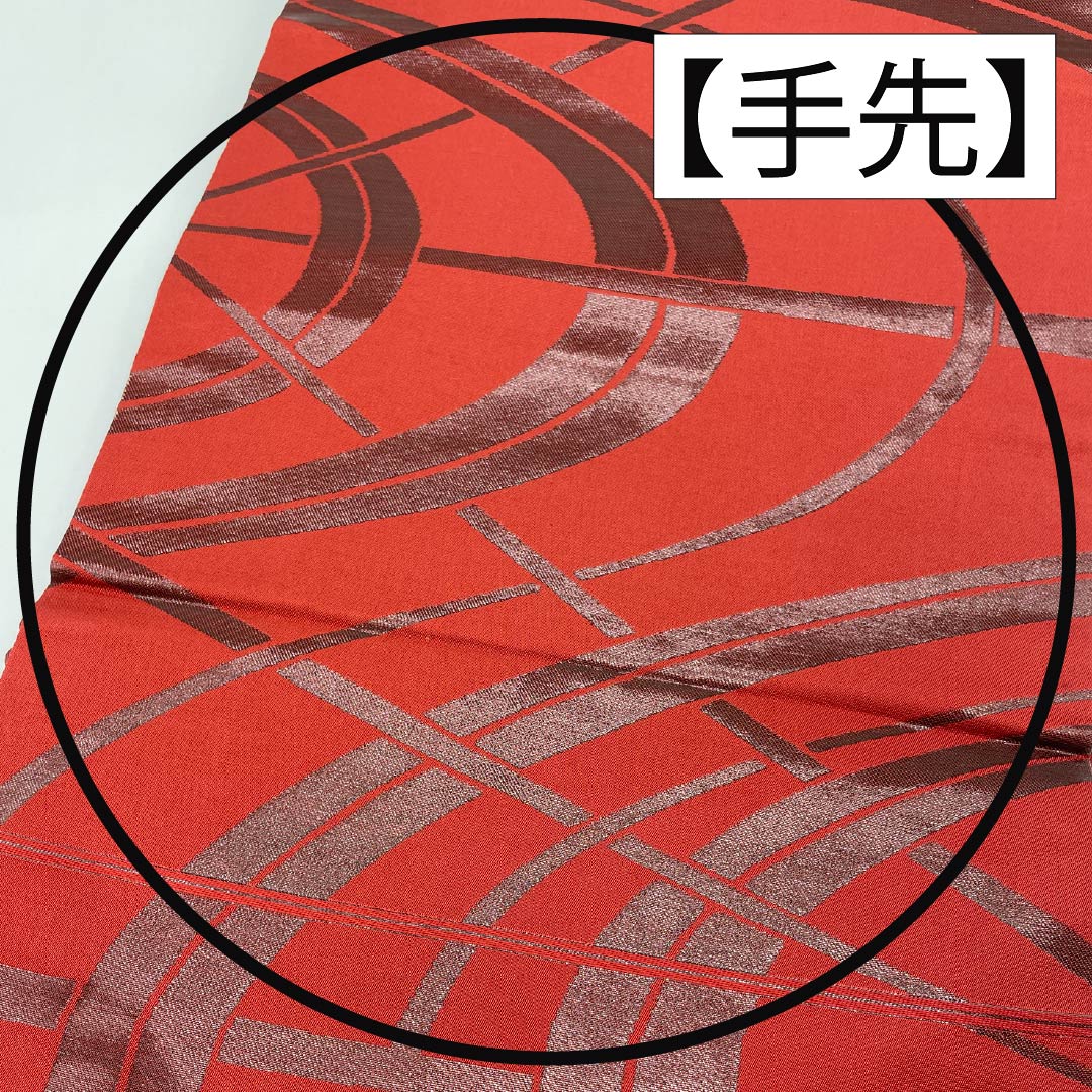 名古屋帯 正絹 Sランク 生臙脂色(しょうえんじいろ) うるし箔 番傘 帯丈353cm 六通 カジュアル 朱系 1124010502316 名古屋仕立て