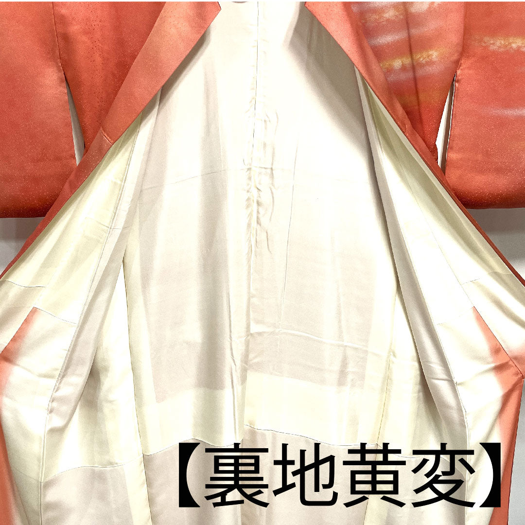 訪問着 袷 身丈161cm 裄丈63cm 中紅色 人間国宝 福田喜重 刺繍 御所車 正絹 Sランク 赤系 1112001882412