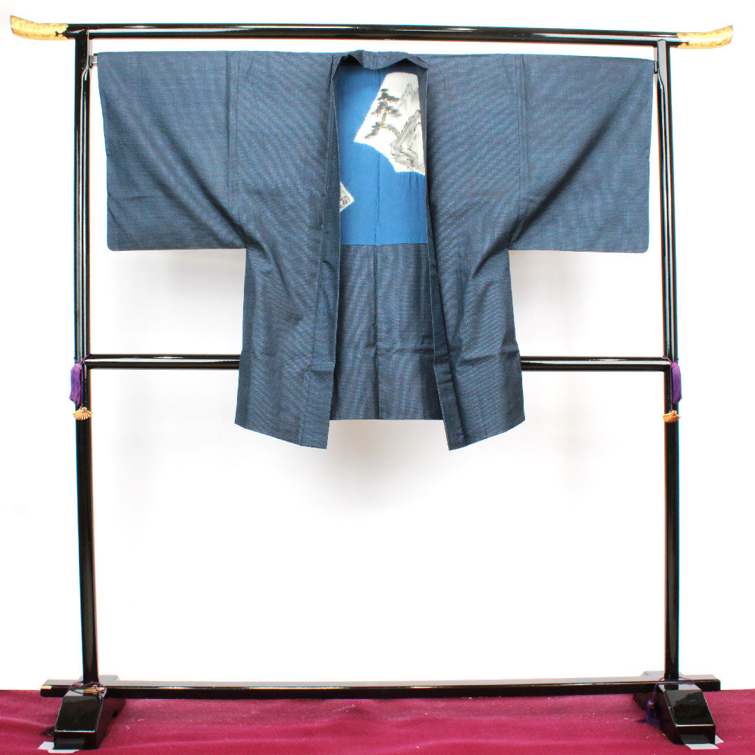 Men's Length 144cm Sleeve length 69.5cm Oshima Tsumugi Ensemble 100 Tortoiseshell Silk S Rank Awase Navy 1119000622418