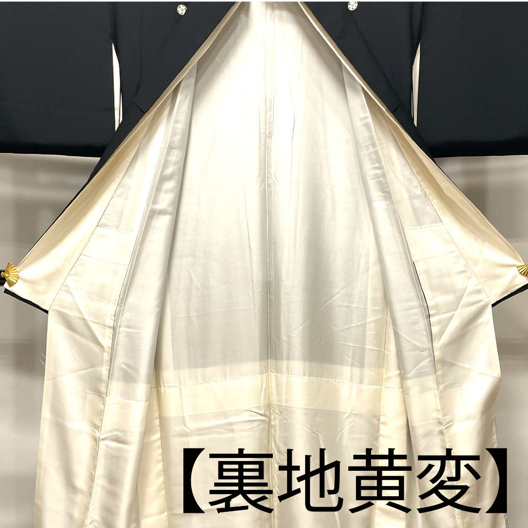 黒留袖 身丈166cm 裄丈66.5cm 袷 京友禅 草花模様 片喰 正絹 Aランク 五つ紋 黒系 1111000743510