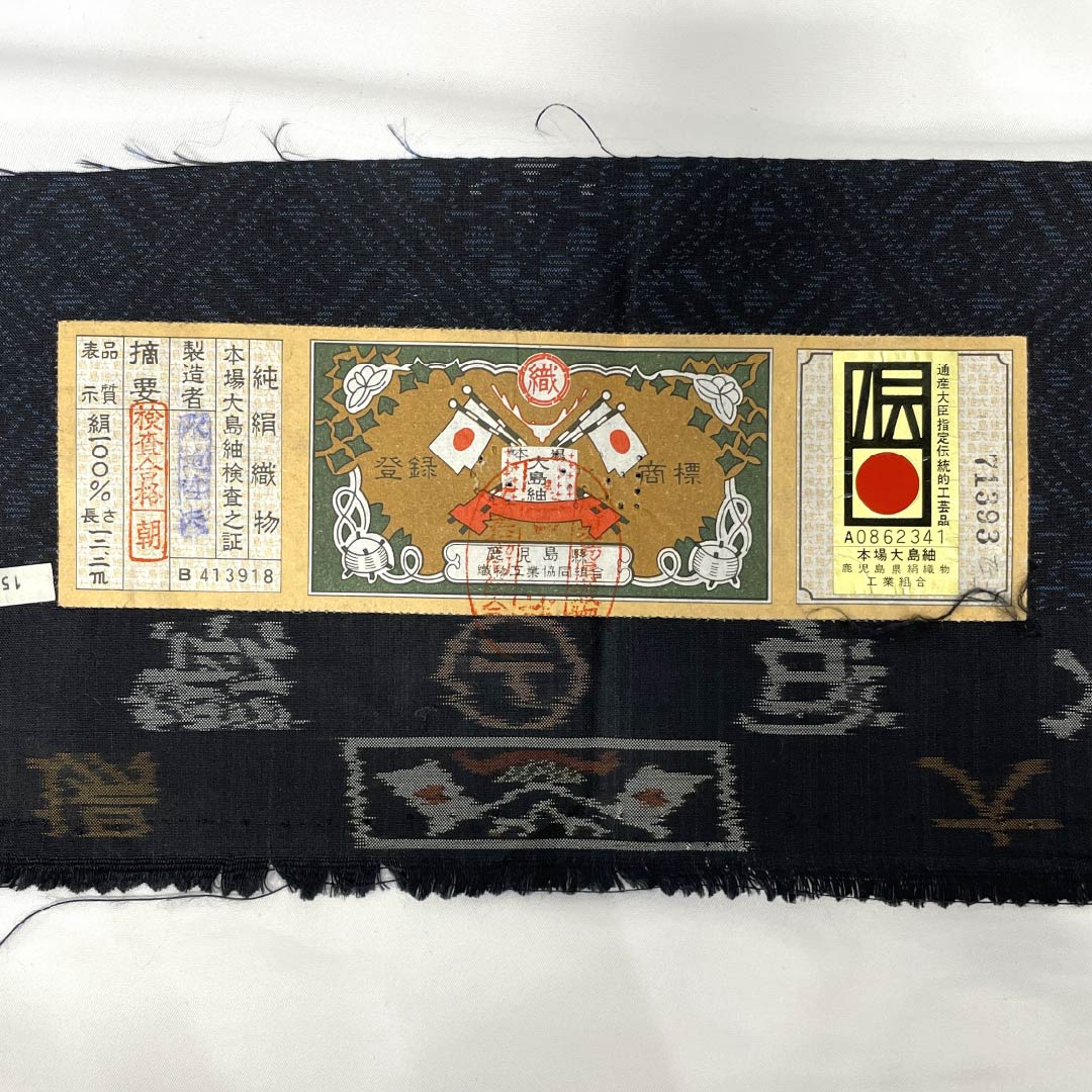 紬 正絹 身丈160.5cm 裄丈67cm 大島紬 幾何学模様 横奴 しつけ糸付き Sランク 袷 紺系 1116003782418