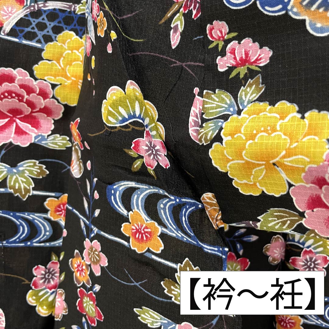 (新品未使用品)浴衣 木綿 身丈167cm 裄丈67cm NEWランク 単衣 黒系 型染 花 松 流水 1118006791510