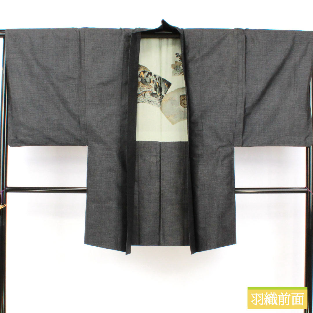 Men's Pure Silk A-Rank Kimono, Length 139cm, Sleeve Length 67.5cm, Oshima Tsumugi 100 Tortoiseshell Weave, Lined, Gray, with Basting Threads, Product Number: 1119001793322