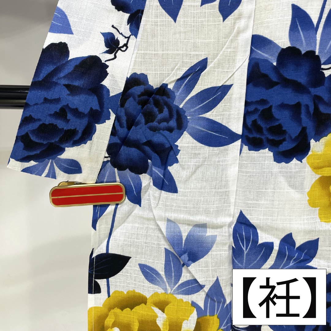 (新品未使用品)浴衣 木綿 身丈163.5cm 裄丈69cm NEWランク 単衣 白系 型染 牡丹 未使用品 1118006801411