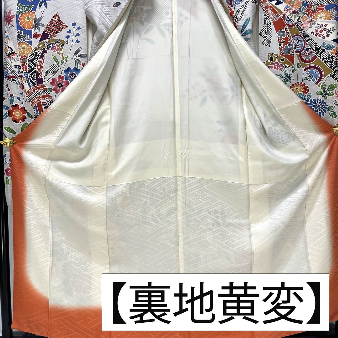 振袖 正絹 Sランク 身丈160.5cm 裄丈64cm 袷 銀白色(ぎんはくしょく) 京友禅 束ね熨斗 紗綾形 グレー系 1113002462422