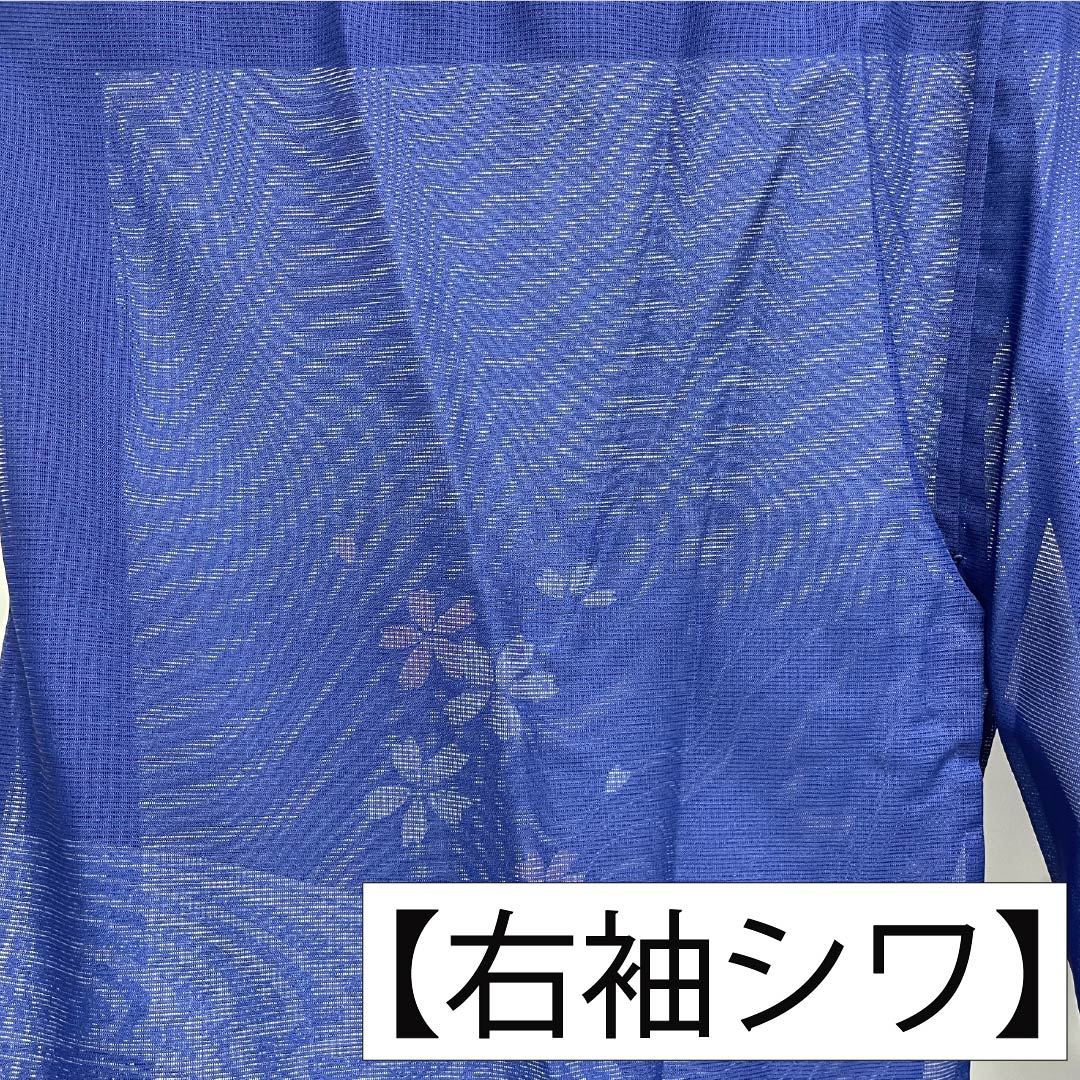 夏物 ポリエステル 付下げ Sランク 身丈158cm 裄丈69cm 紺桔梗色(こんききょういろ) 洗える着物 波 桜 絽 紺系 1132007102318