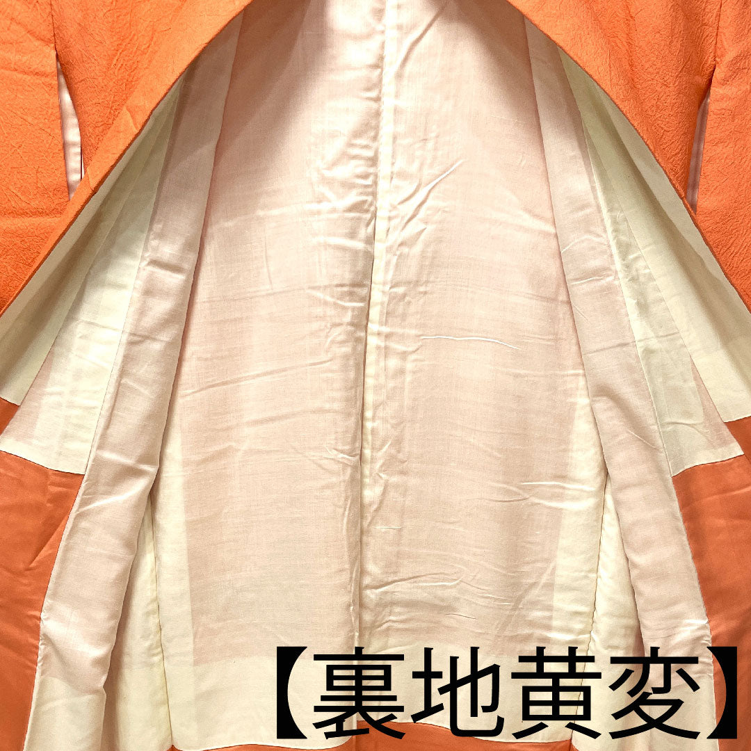 色無地 正絹 中紅色 折目雁木扇 身丈153.5cm 裄丈64.5cm 袷 Aランク ピンク系 1114000723213