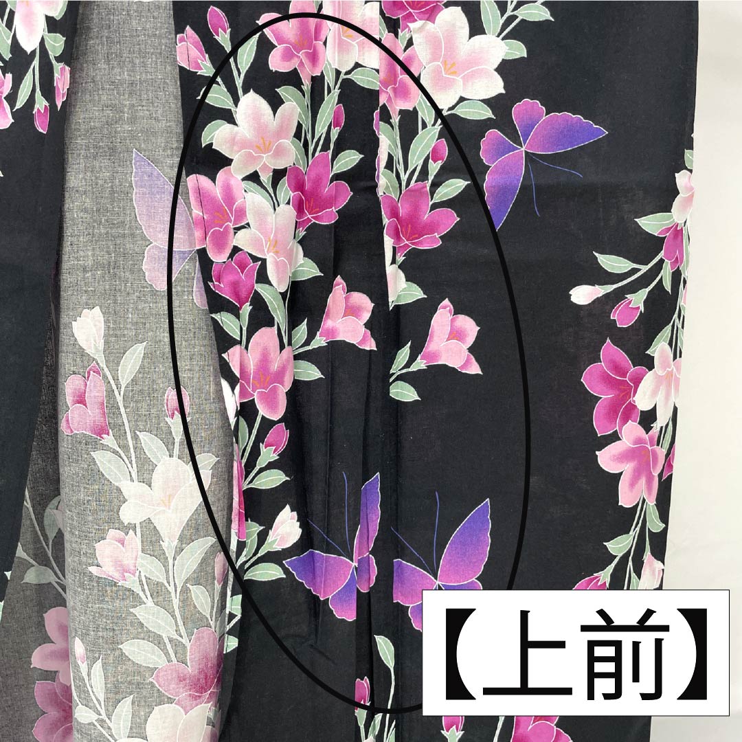 浴衣 木綿 身丈163cm 裄丈64cm Sランク 単衣 黒系 鉄線 蝶 1118006082410