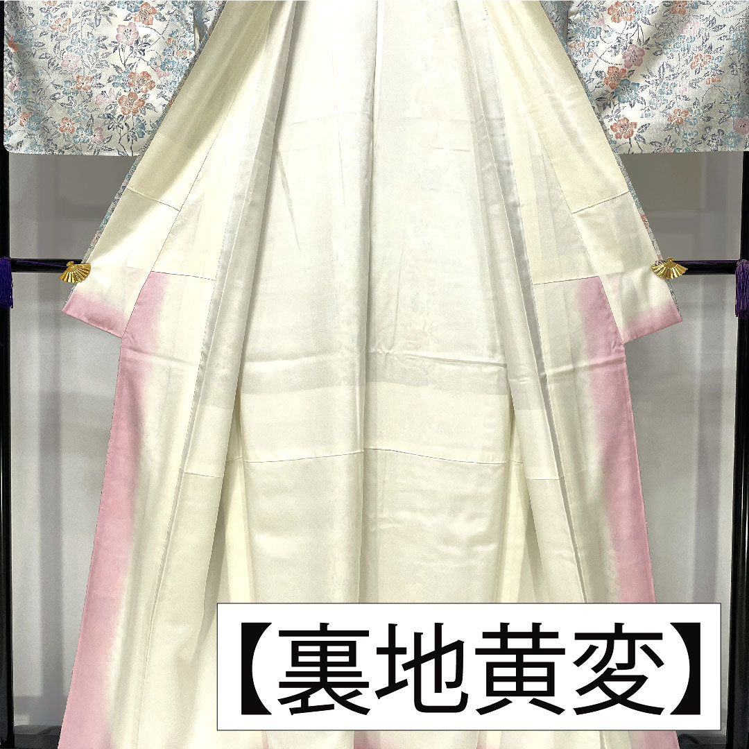 小紋 ポリエステル 身丈165cm 裄丈66cm 袷 胡粉色(ごふんいろ) 洗える着物 草花模様 Aランク グレー系 1115004513522