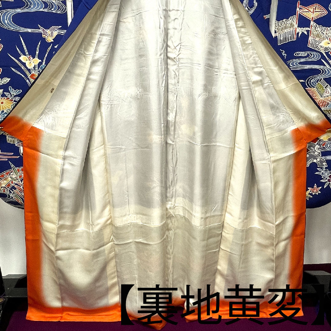 振袖 身丈167.5cm 裄丈68cm 袷 瑠璃色 京紅型 吉祥文様 正絹 Aランク 紺系 1113001773518