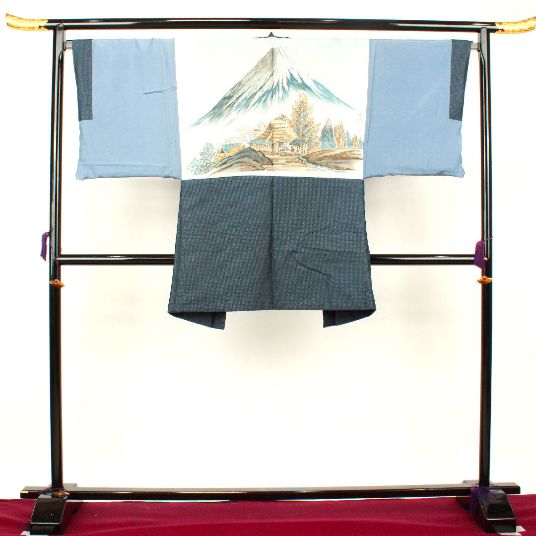 男物 身丈142.5cm 裄丈66.5cm 大島紬 アンサンブル 経緯絣 正絹 Sランク 袷 紺系 1119000482418