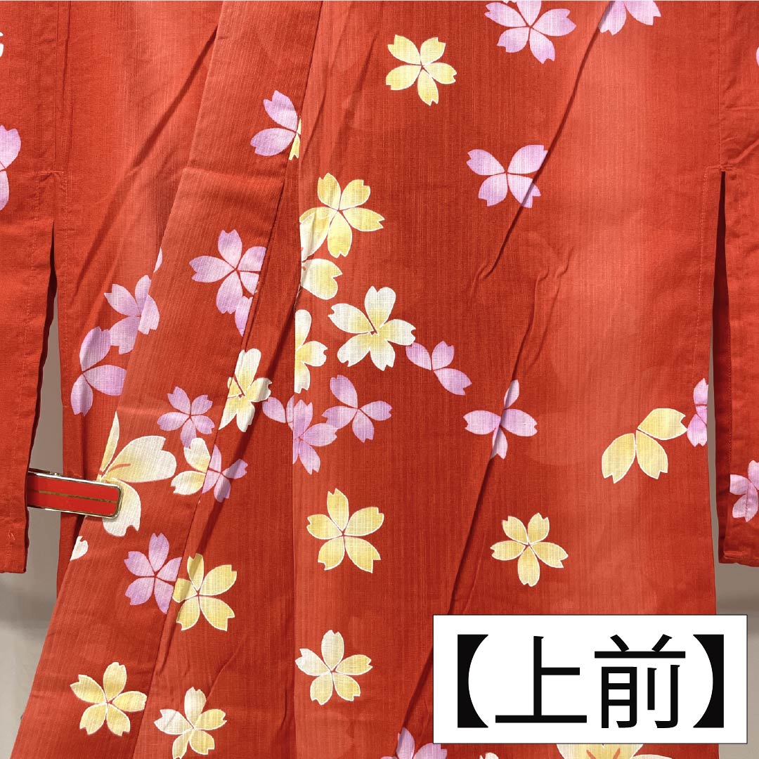 浴衣 木綿 身丈162cm 裄丈67.5cm Sランク 単衣 朱系 辰砂色(しんしゃいろ) 桜 1118006512416