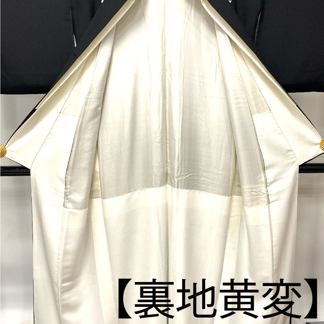 黒留袖 身丈154.5cm 裄丈62cm 袷 京友禅 風景模様 糸輪に覗き木瓜 正絹 Aランク 五つ紋 黒系 1111000883210