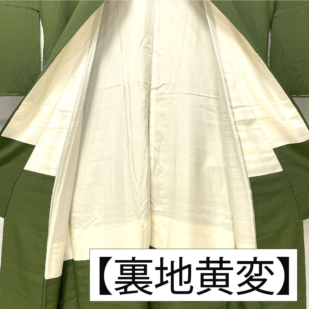 色無地 正絹 身丈157.5cm 裄丈67cm 青丹色(あおにいろ) 素無地 一つ紋 糸輪に違い鷹の羽 袷 Aランク 緑系 1114002113319