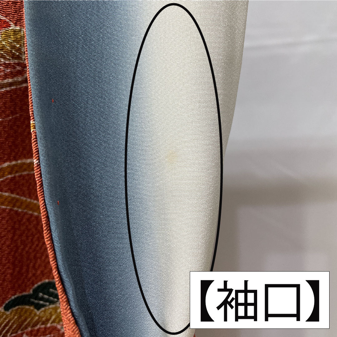 訪問着 正絹 袷 身丈165.5cm 裄丈65cm 弁柄色(べんがらいろ) 京友禅 茶屋辻風景模様 ちりめん地 Aランク 朱系 1112005923516