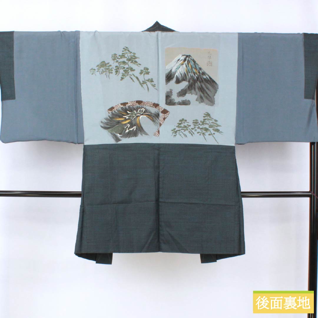 男物 正絹 Sランク 身丈141cm 裄丈67.5cm 裏色(うらいろ) 大島紬 100亀甲 アンサンブル 袷 青系 1119001392417