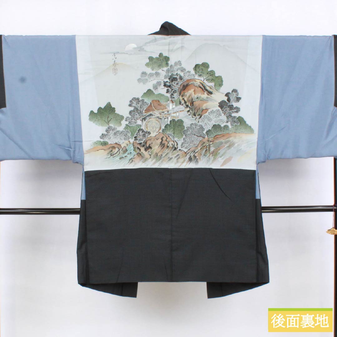 男物 正絹 Aランク 身丈151cm 裄丈71.5cm 大島紬 幾何学模様 アンサンブル しつけ糸付き 袷 黒系 1119001293510