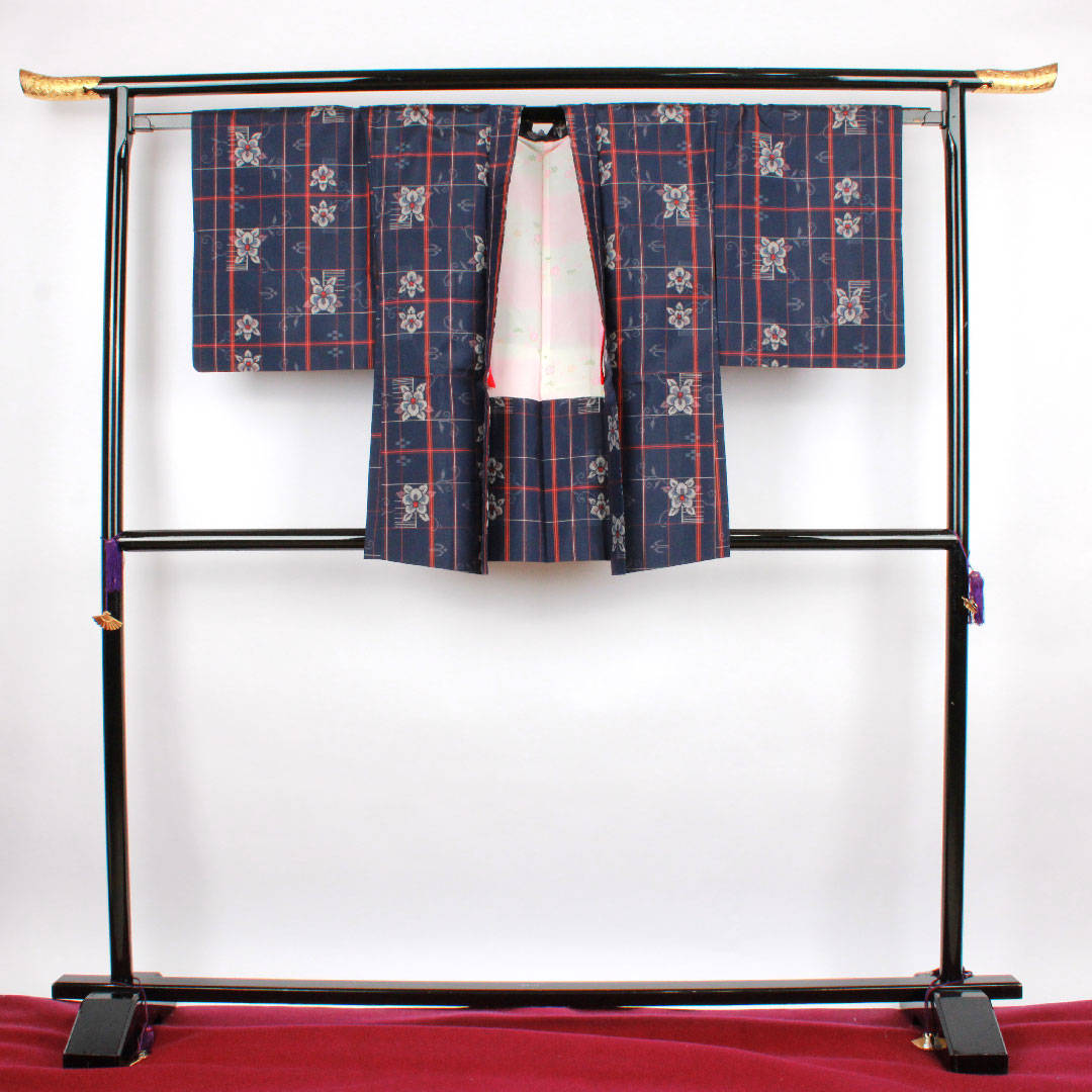 村山大島 身丈160cm 裄丈64.5cm アンサンブル 格子 花模様 正絹 Sランク 袷 紺系 1116001932418
