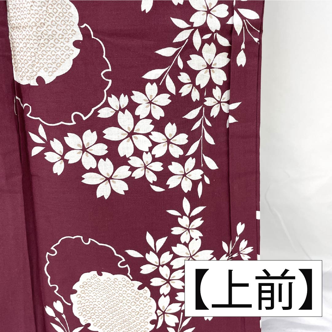 Cotton Yukata, Length 166cm, Sleeve Length 65cm, S Rank, Single Layer, Purple-Reddish Purple (Akamurasaki Iro), Snow Circle and Cherry Blossom Design, Product Number: 1118006302520