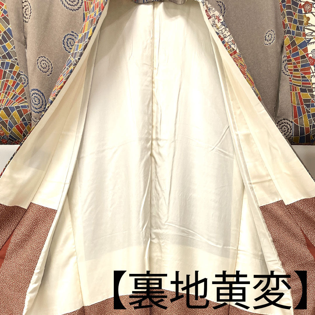 小紋 正絹 身丈154.5cm 裄丈64cm 袷 壁鼠色 京紅型 抽象模様 Aランク グレー系 1115003513222