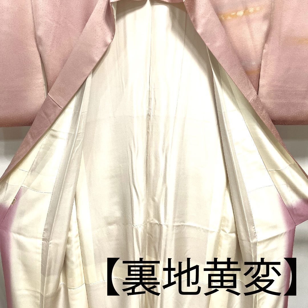 訪問着 袷 身丈157cm 裄丈64cm 退紅色 人間国宝 福田喜重 刺繍 人物模様 正絹 Sランク ピンク系 1112001892313