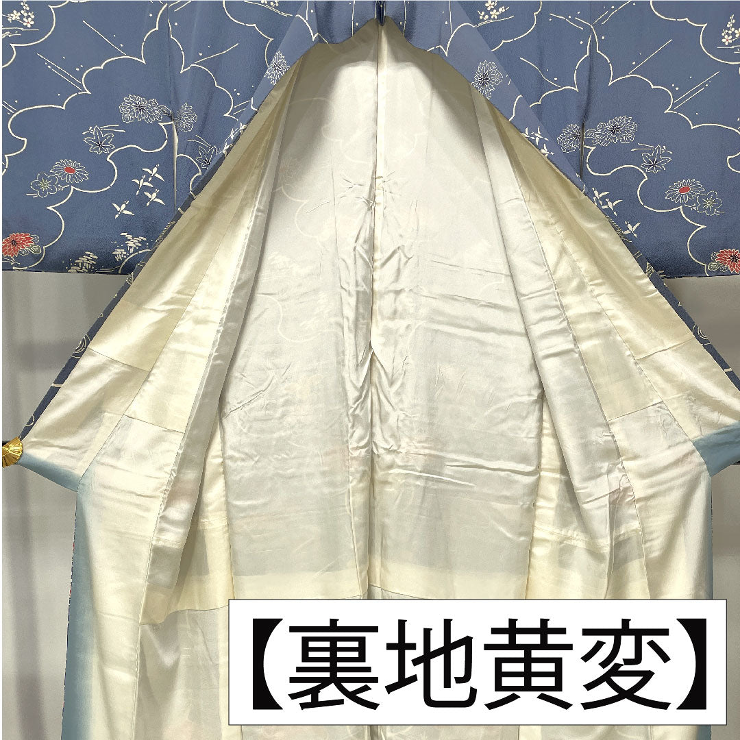訪問着 正絹 袷 身丈157.5cm 裄丈64cm 湊鼠色(みなとねずいろ) 京紅型 網干 草花模様 Aランク 青系 1112004883317