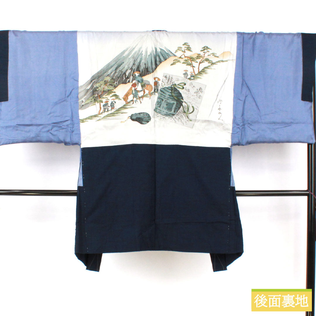 男物 正絹 Aランク 身丈141.5cm 裄丈70cm 濃紺色(のうこんいろ) 紬地 羽織紐付き アンサンブル 袷 紺系 1119001593418