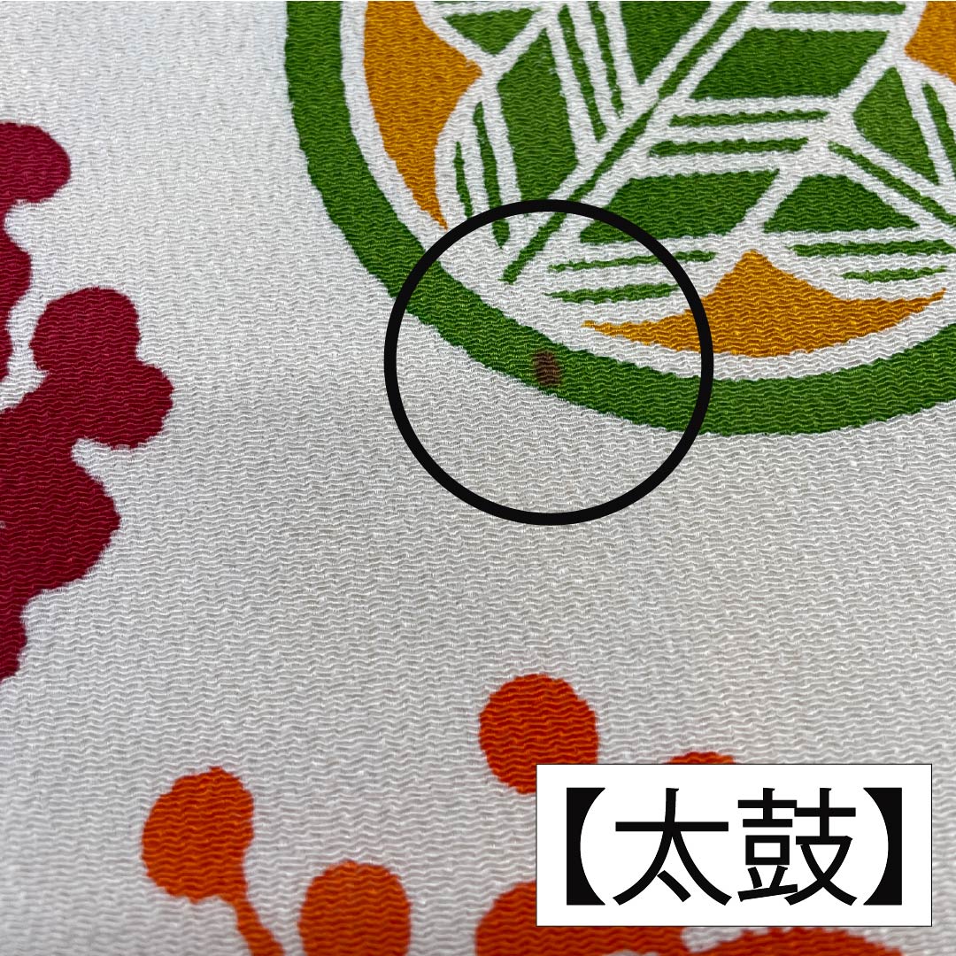 名古屋帯 胡粉色(ごふんいろ) 型染 ちりめん地 丸に紋 帯丈354cm 正絹 Aランク ポイント柄 カジュアル クリーム系 1124008163315 名古屋仕立て