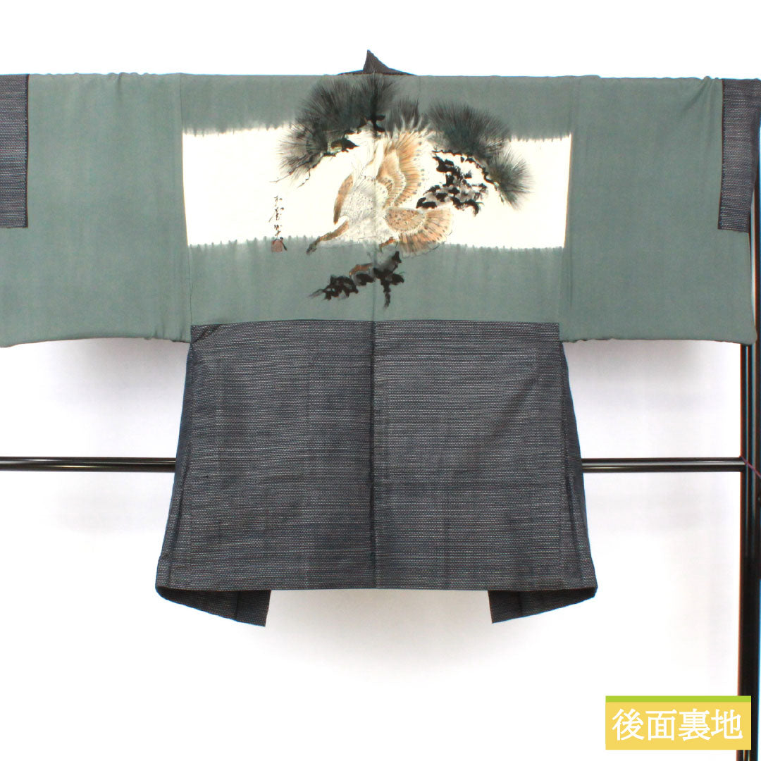 男物 正絹 Aランク 身丈147cm 裄丈68cm 大島紬 横双絣 羽織紐付き アンサンブル 袷 紺系 1119001603418