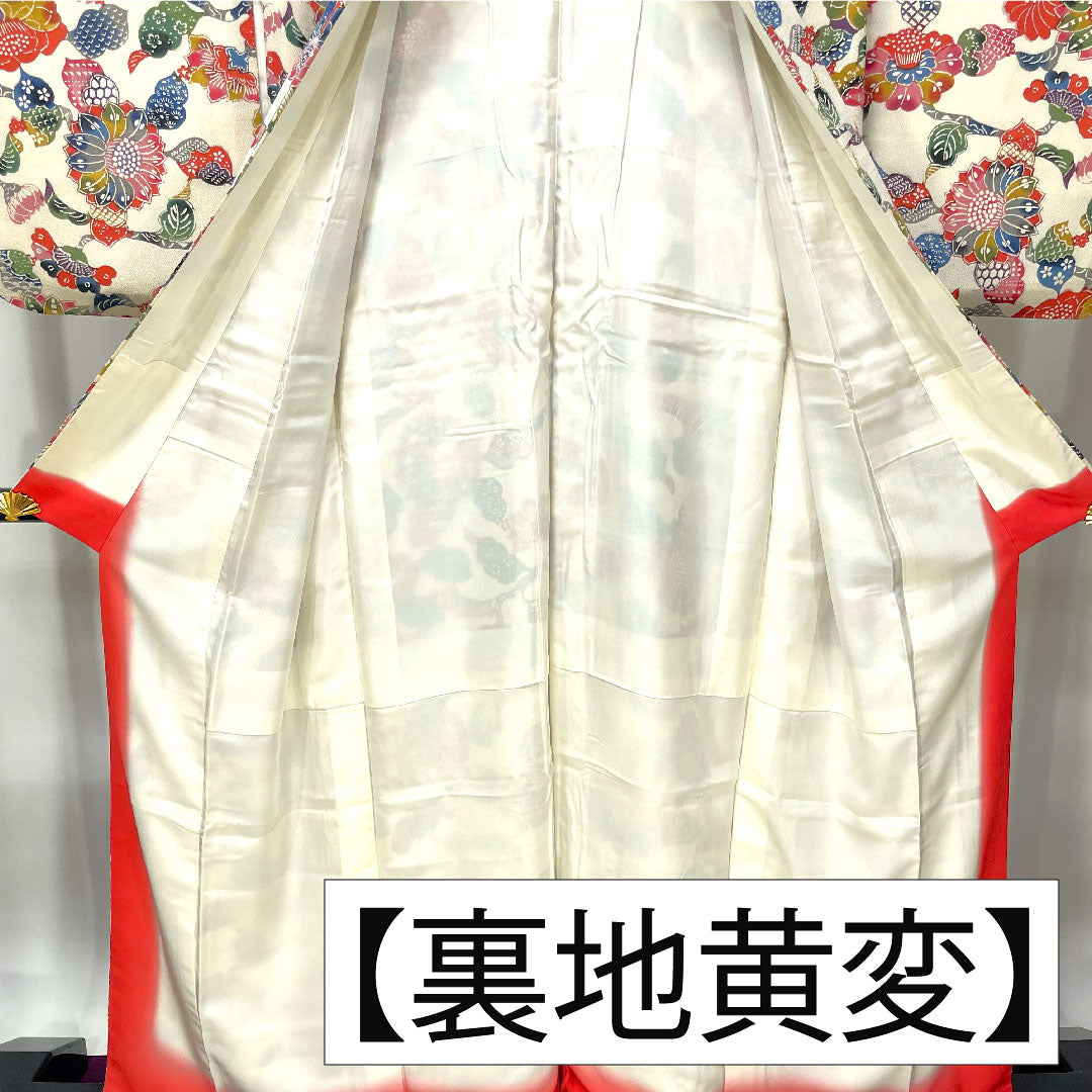 小紋 正絹 身丈158cm 裄丈62cm 袷 乳白色(にゅうはくしょく) 京紅型 草花模様 Aランク クリーム系 1115004293315