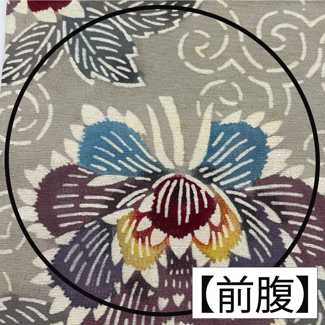 名古屋帯 正絹 Bランク 絹鼠色(きぬねずいろ) 型染 紅型調 牡丹 帯丈347cm 六通 カジュアル グレー系 1124010484322 名古屋仕立て