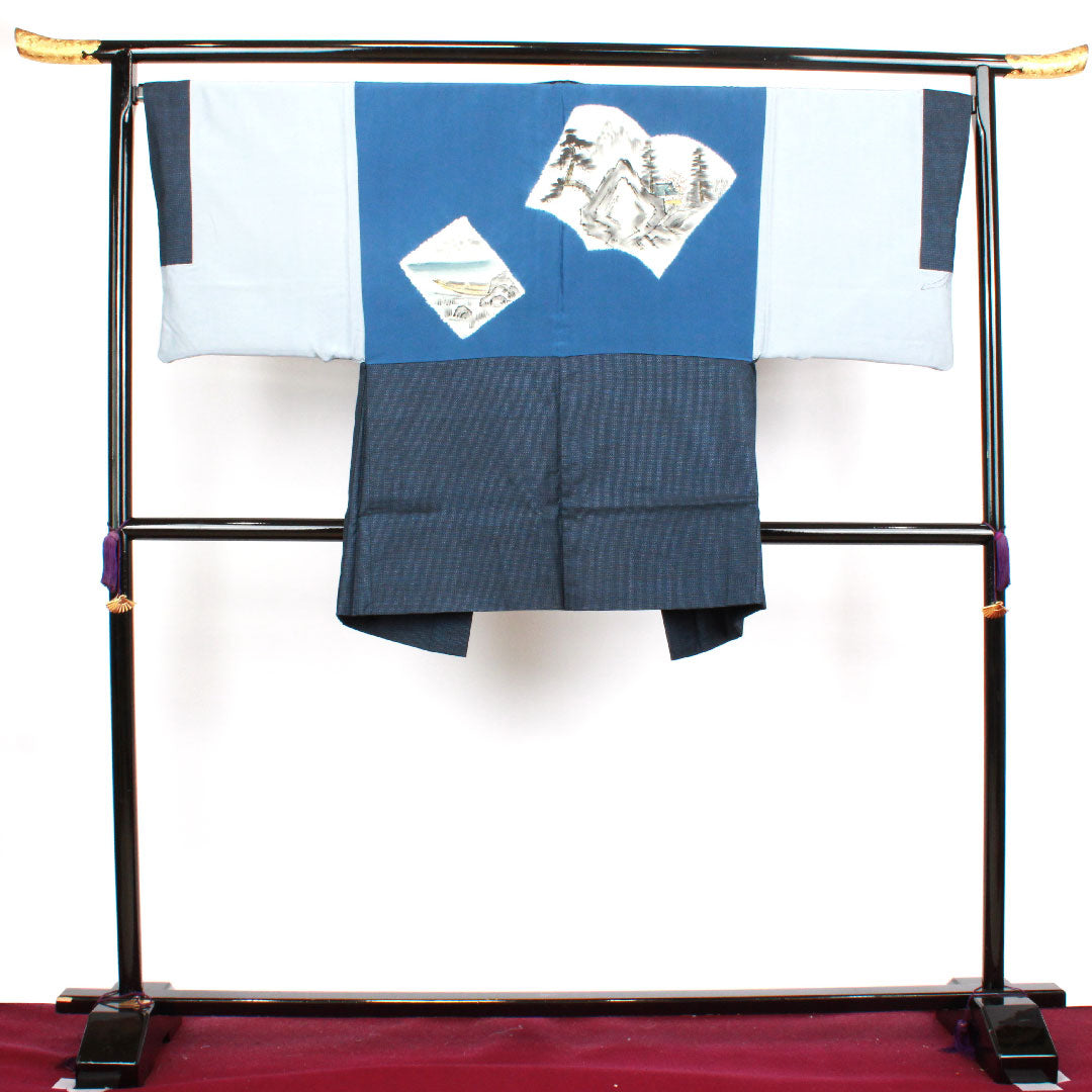 Men's Length 144cm Sleeve length 69.5cm Oshima Tsumugi Ensemble 100 Tortoiseshell Silk S Rank Awase Navy 1119000622418