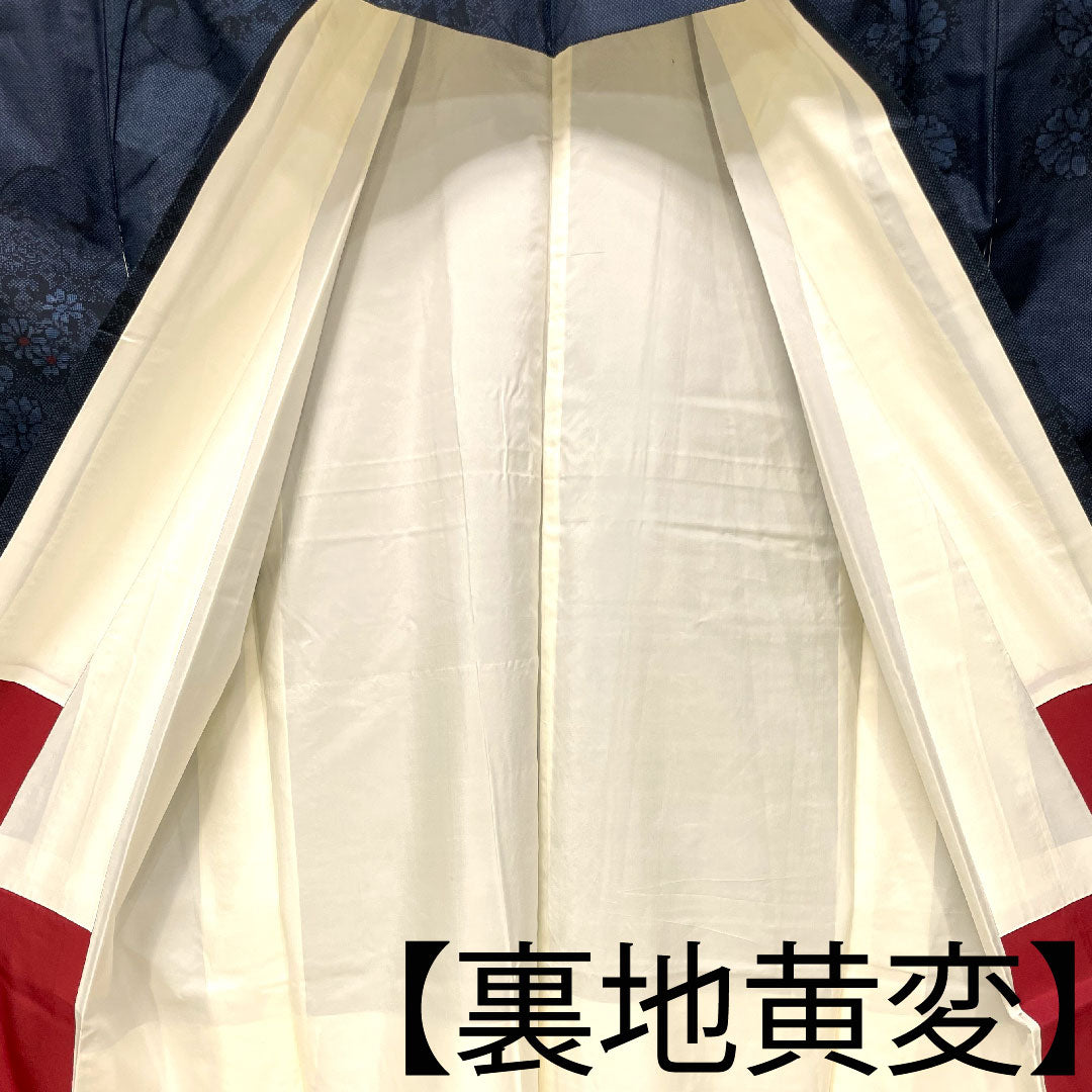 紬 正絹 身丈162.5cm 裄丈64cm 花模様 Aランク 袷 紺系 1116003303418